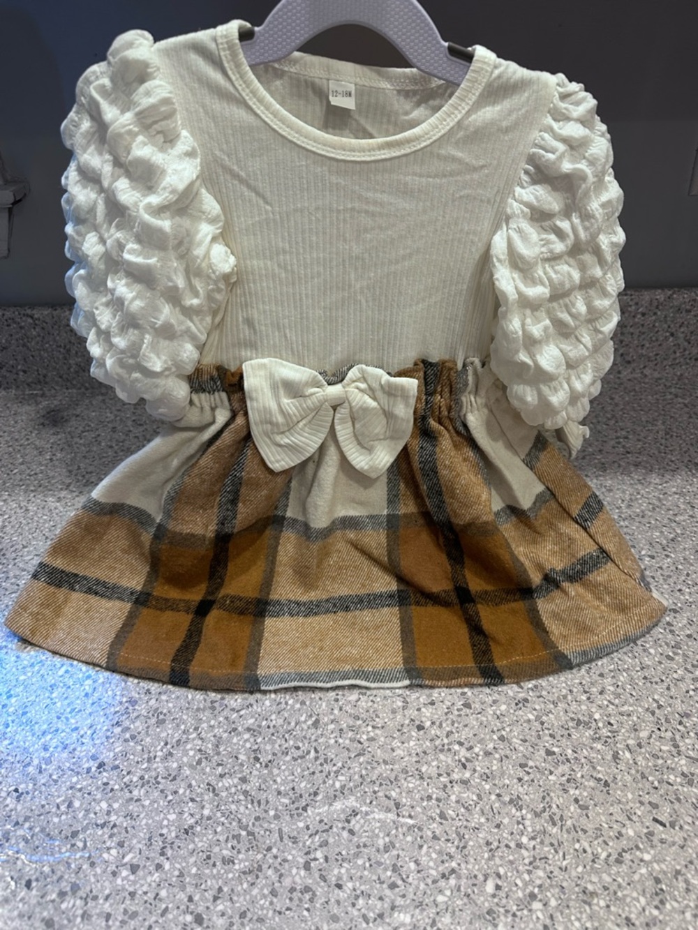 Cream Puff Sleeve Plaid Bow Baby Dress with matching bow